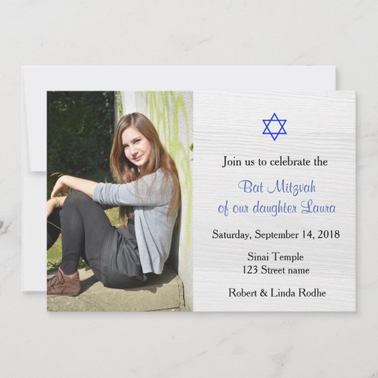 Blue Star en White Wood Bat Mitzvah Invitation Kaart (Voorkant)