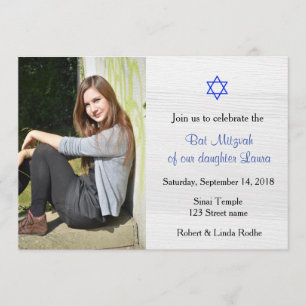 Blue Star en White Wood Bat Mitzvah Invitation Kaart