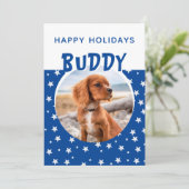 Blue Star Pattern Puppy Dog Photo Holiday Card (Staand voorkant)
