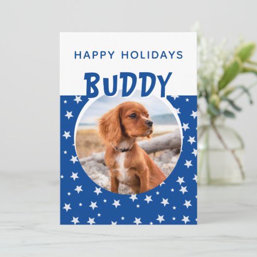 Blue Star Pattern Puppy Dog Photo Holiday Card (Staand voorkant)