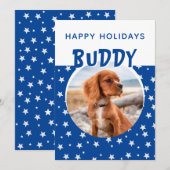 Blue Star Pattern Puppy Dog Photo Holiday Card (Voorkant / Achterkant)