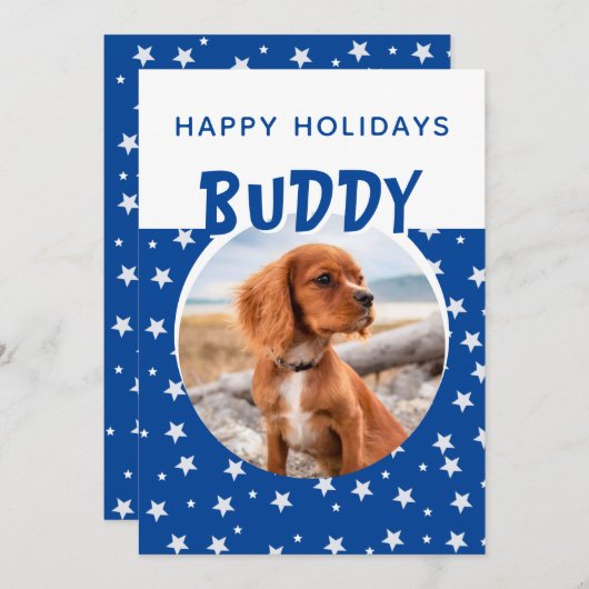 Blue Star Pattern Puppy Dog Photo Holiday Card (Voorkant / Achterkant)