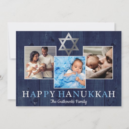 Blue Star van David Happy Hanukkah Foto Collage Feestdagenkaart (Voorkant)