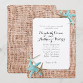 Blue Starfish Beach Burlap Wedding Invitations Kaart (Voorkant / Achterkant)