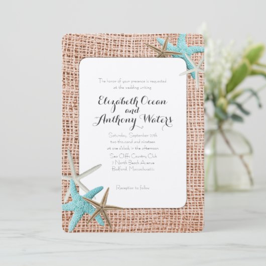 Blue Starfish Beach Burlap Wedding Invitations Kaart (Staand voorkant)