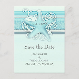 Blue Starfish Beach Elegant Wedding Save the Date Aankondigingskaart