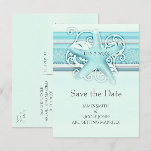 Blue Starfish Beach Elegant Wedding Save the Date Aankondigingskaart (Voorkant / Achterkant)