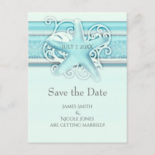 Blue Starfish Beach Elegant Wedding Save the Date Aankondigingskaart (Voorkant)