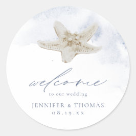 Blue Starfish Beach Thormding Wedding Favor Ronde Sticker