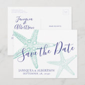 Blue Starfish Beach Wedding Save the Date Briefkaa Aankondigingskaart (Voorkant / Achterkant)
