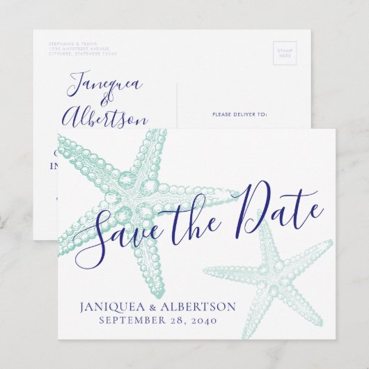 Blue Starfish Beach Wedding Save the Date Briefkaa Aankondigingskaart (Voorkant / Achterkant)