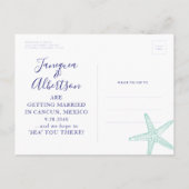 Blue Starfish Beach Wedding Save the Date Briefkaa Aankondigingskaart (Achterkant)