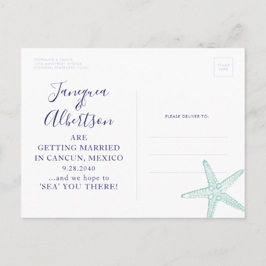 Blue Starfish Beach Wedding Save the Date Briefkaa Aankondigingskaart (Achterkant)