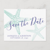 Blue Starfish Beach Wedding Save the Date Briefkaa Aankondigingskaart (Voorkant)