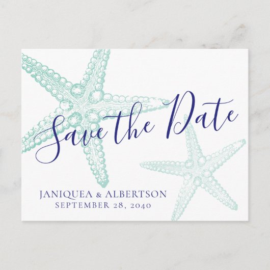 Blue Starfish Beach Wedding Save the Date Briefkaa Aankondigingskaart (Voorkant)