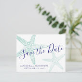 Blue Starfish Beach Wedding Save the Date Briefkaa Aankondigingskaart (Staand voorkant)