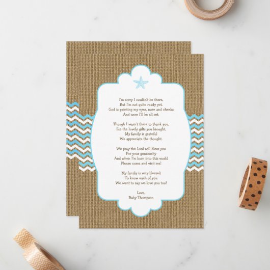 Blue Starfish boy baby shower bedankt je notities (Voorkant / Achterkant in situ)