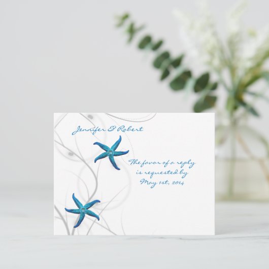 Blue Starfish en Silver Coral RSVP Briefkaart (Staand voorkant)