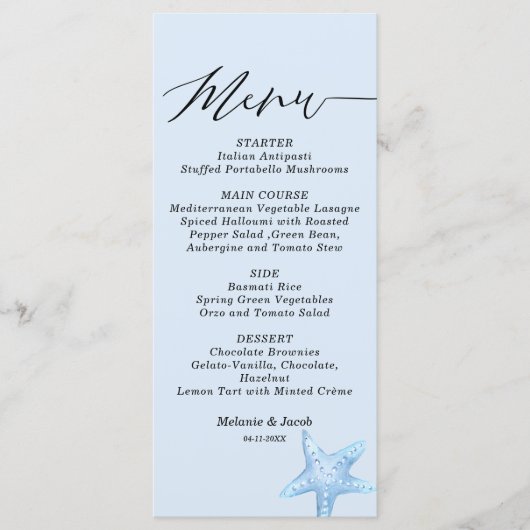 Blue Starfish Summer Wedding Flat Menu Kaart (Voorkant)