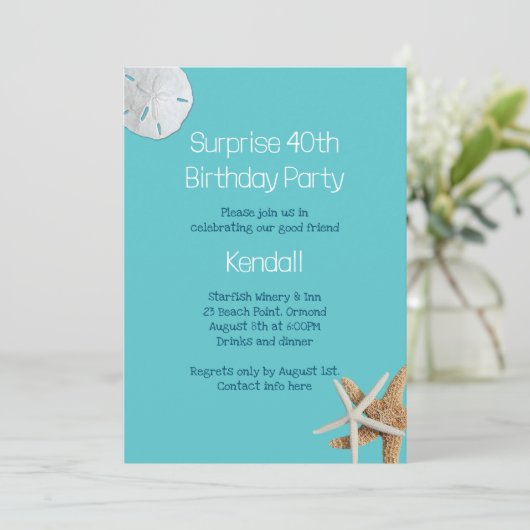 Blue Starfish Verrassingsfeest Uitnodiging (Staand voorkant)