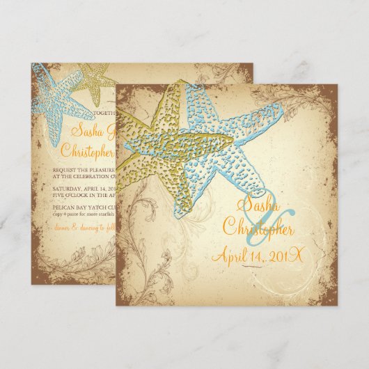  BLUE STARFISH WEDDING INVITATIONS KAART (Voorkant / Achterkant)