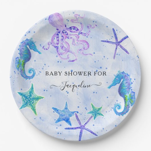 Blue Starfish Zeepaardje Octopus Beach Baby shower Papieren Bordje (Voorkant)