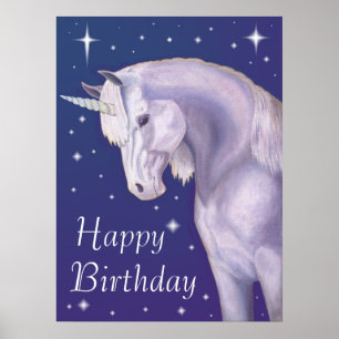 Blue Starry Unicorn Happy Birthday Poster