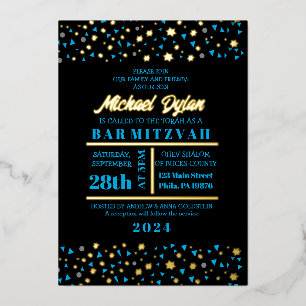 Blue Stars Bar Bat Mitzvah Invitation Gold Foil Folie Uitnodiging