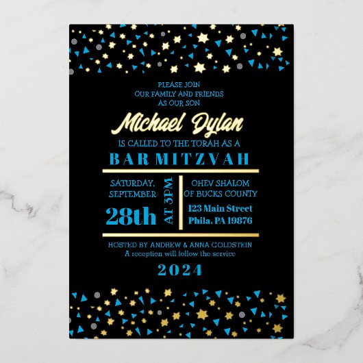 Blue Stars Bar Bat Mitzvah Invitation Gold Foil Folie Uitnodiging (Voorkant)