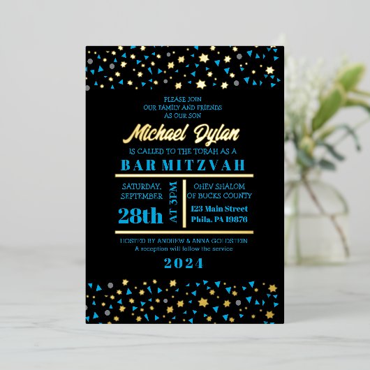 Blue Stars Bar Bat Mitzvah Invitation Gold Foil Folie Uitnodiging (Staand Voorkant)