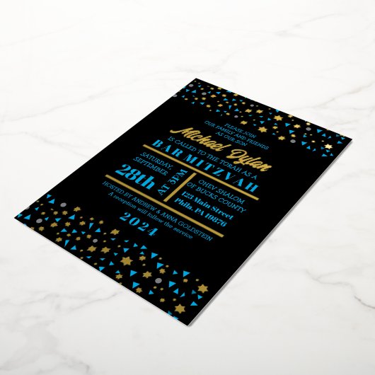 Blue Stars Bar Bat Mitzvah Invitation Gold Foil Folie Uitnodiging (Gedraaid)
