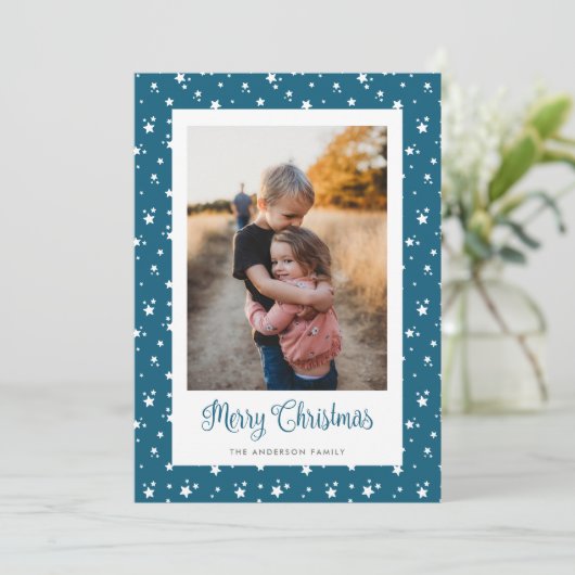 Blue Stars-fotokaartjes voor fijne kerst Feestdagenkaart (Staand voorkant)