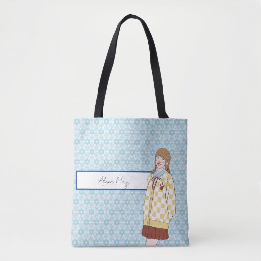 Blue Stars Pattern met Girl Illustrable Tote Bag (Voorkant)