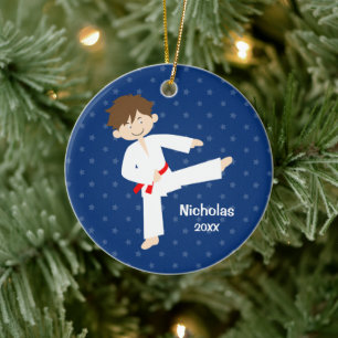 Blue Stars Red Belt Taekwondo Boy op maat Keramisch Ornament