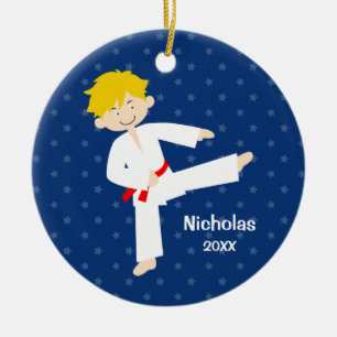 Blue Stars Red Belt Taekwondo Boy op maat Keramisch Ornament