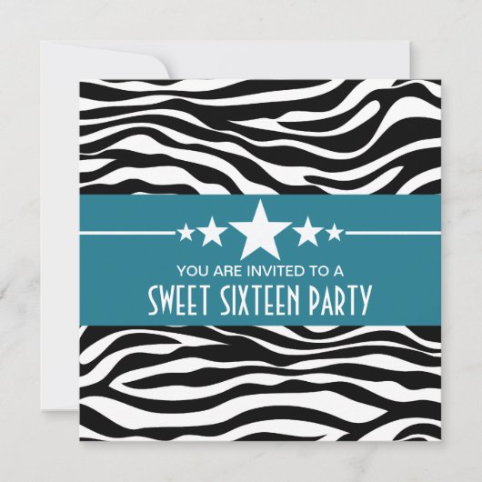 Blue Stars Zebra Print Sweet 16 Invite Kaart (Voorkant)