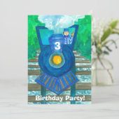 Blue Steam Train 3rd Birthday Party Invitation Kaart (Staand voorkant)