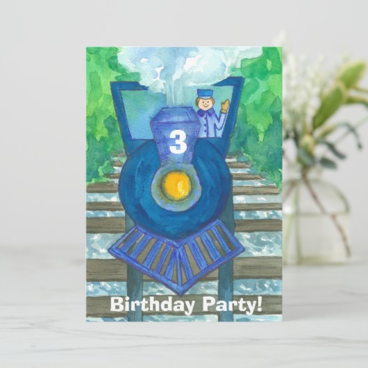 Blue Steam Train 3rd Birthday Party Invitation Kaart (Staand voorkant)