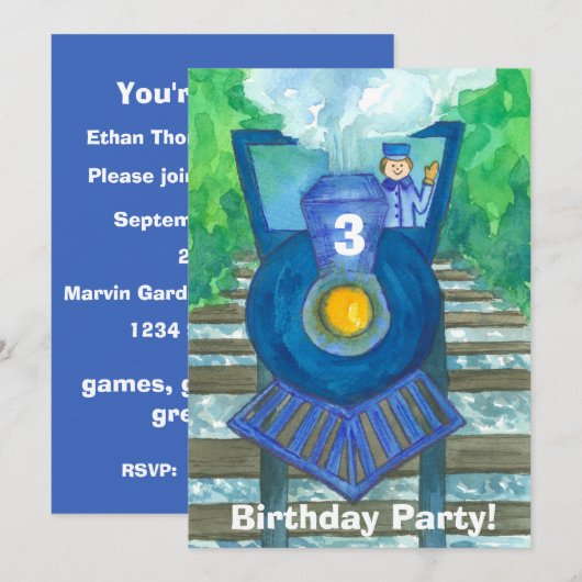 Blue Steam Train 3rd Birthday Party Invitation Kaart (Voorkant / Achterkant)