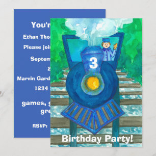 Blue Steam Train 3rd Birthday Party Invitation Kaart