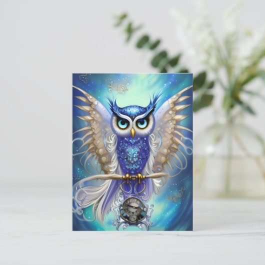 Blue Steampunk Owl Briefkaart (Staand voorkant)