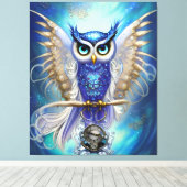 Blue Steampunk Owl Canvas Afdruk (Insitu (Houten vloer))