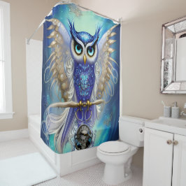 Blue Steampunk Owl Douchegordijn