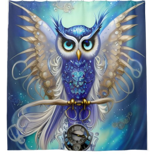 Blue Steampunk Owl Douchegordijn (Voorkant)