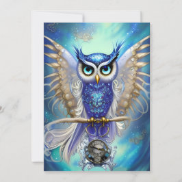 Blue Steampunk Owl Feestdagenkaart
