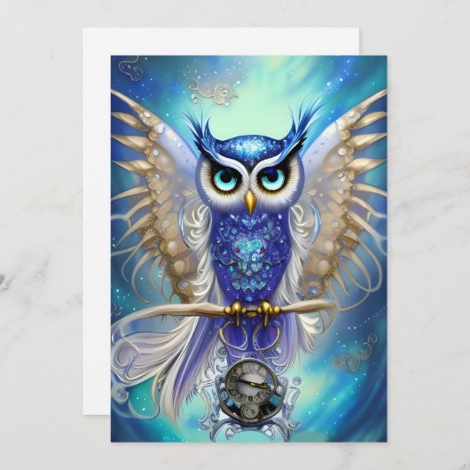 Blue Steampunk Owl Feestdagenkaart (Voorkant / Achterkant)