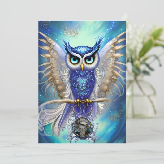 Blue Steampunk Owl Feestdagenkaart (Staand voorkant)