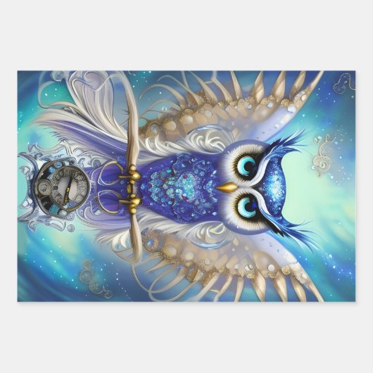 Blue Steampunk Owl Inpakpapier Vel (Voorkant)