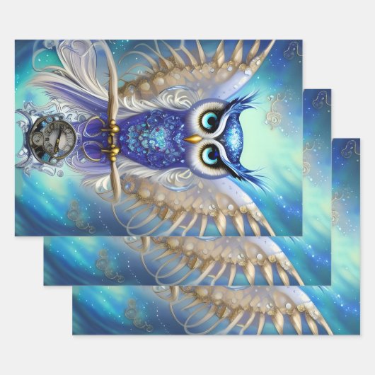 Blue Steampunk Owl Inpakpapier Vel (Set)