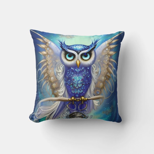 Blue Steampunk Owl Kussen (Voorkant)